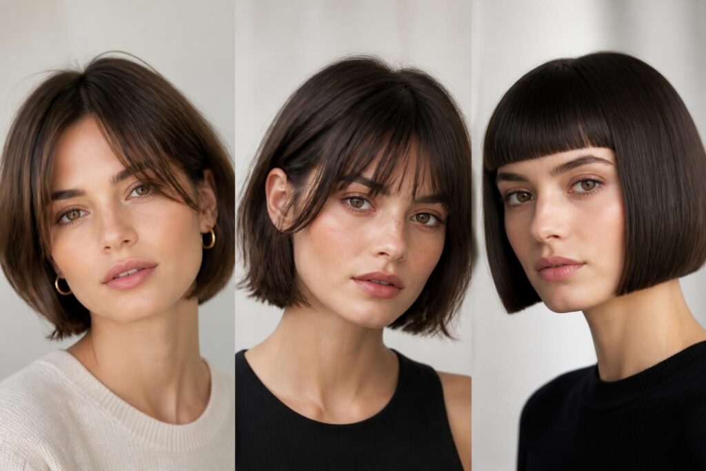 découvrez nos idées élégantes de coupe carré court avec frange, que ce soit une frange rideau, effilée ou droite, pour un look tendance et moderne.