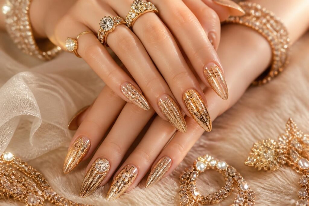 Ongles à paillettes dorées : idées glamour et accessoires strass